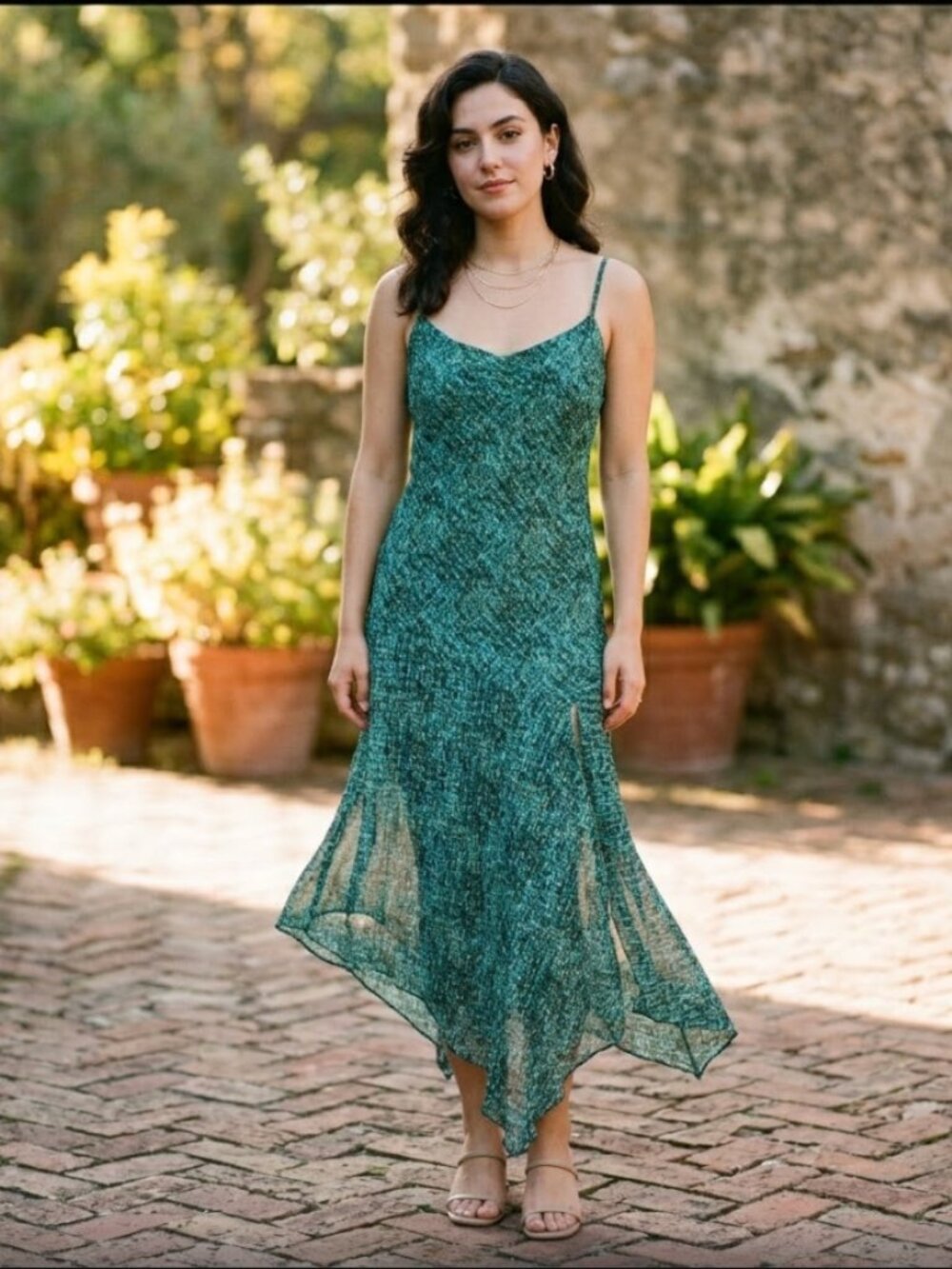 Vintage Y2K Fairy Dress S Green Slip Asymmetric Whimsigoth Sleeveless Prom Boho